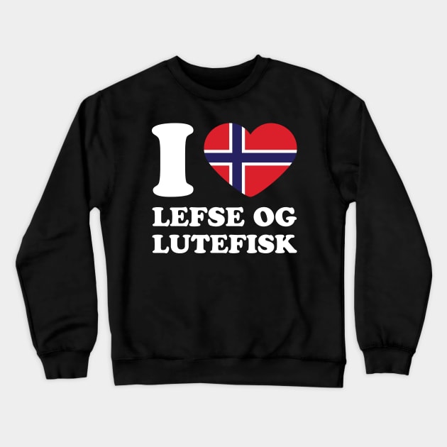 I love Lefse and Lutefisk Norwegian Flag Heart Crewneck Sweatshirt by Huhnerdieb Apparel